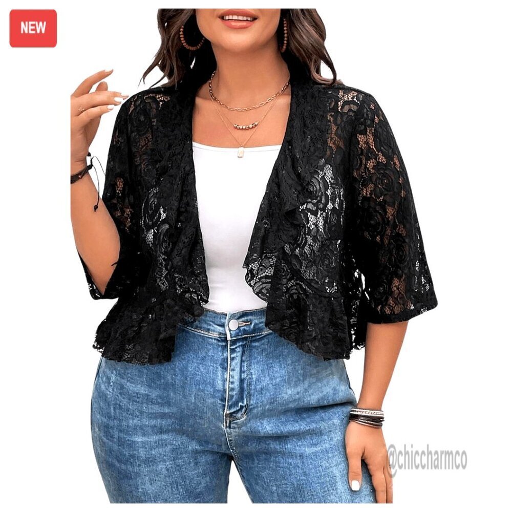 Plus Size Open Front Ruffle Hem Crop Lace Jacket Sheer Outerwear Chic